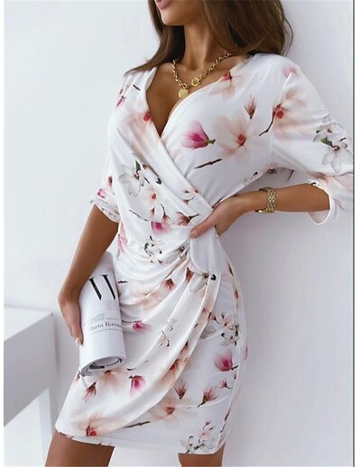 olcso Női ruhák-Női Rövid mini ruha Bodycon Fehér Rubin Háromnegyedes Fodrozott Nyomtatott Virágos V-alakú Tavasz Nyár Stílusos Elegáns Szabadság 2022 S M L XL XXL