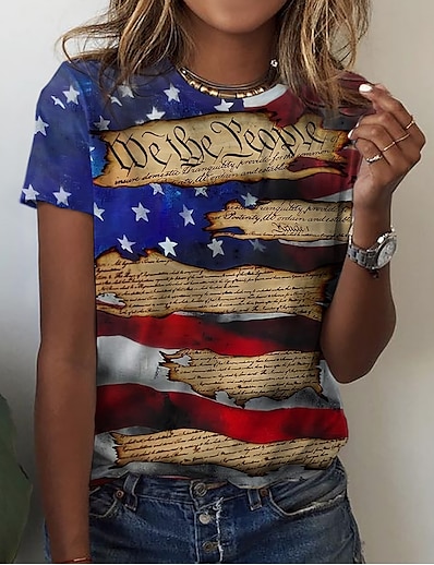 お買い得  レディーストップス-女性用 カジュアル 週末 アメリカ独立記念日 Tシャツ ペインティング 半袖 星条旗 ラウンドネック プリント ベーシック トップの ブルー S / 3Dプリント