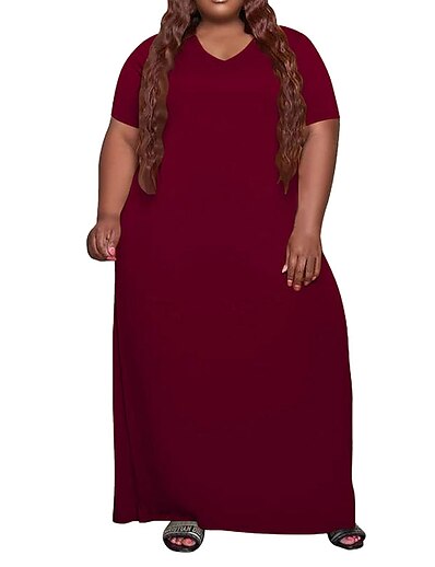 cheap Plus size-Women&#039;s Plus Size Solid Color Shift Dress V Neck Short Sleeve Casual Spring Summer Daily Holiday Maxi long Dress Dress