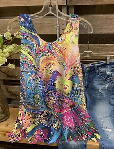 cheap Women&#039;s Tops-Women&#039;s Plus Size Tops Tank Top Floral Animal Sleeveless Print Streetwear Crewneck Cotton Spandex Jersey Daily Holiday Spring Summer Rainbow