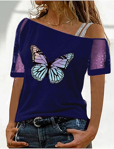 cheap Women&#039;s Tops-Women&#039;s Shirt Graphic Butterfly Off Shoulder Patchwork Print Casual Tops Green Black Blue