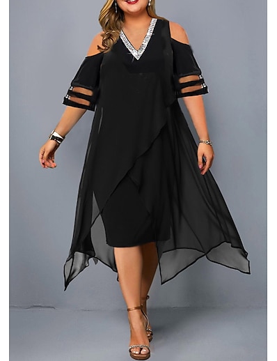 cheap Plus size-Women&#039;s Solid Color A Line Dress Mesh V Neck Short Sleeve Stylish Modern Summer Holiday Weekend Midi Dress Dress