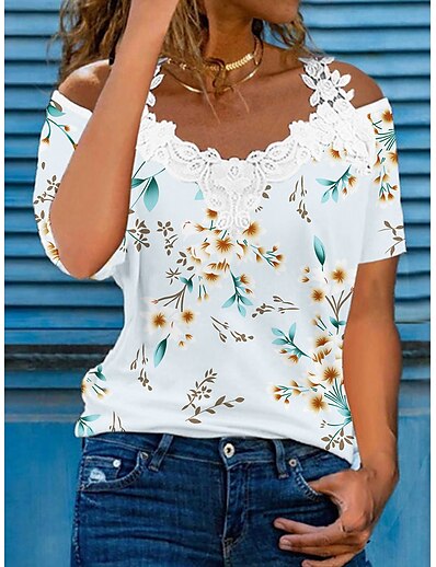 cheap Women&#039;s Tops-Women&#039;s T shirt Tee Flower Off Shoulder Lace Print Basic Tops Blue / 3D Print