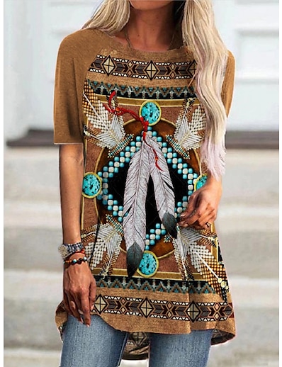 cheap Women&#039;s Tops-Women&#039;s Casual Daily Going out T shirt Tee Bohemian Theme Geometric Short Sleeve Geometric Tribal Feather Round Neck Print Ethnic Vintage Boho Tops Loose Brown S / 3D Print