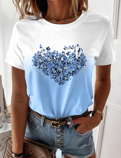 hesapli Kadın Üstleri-Kadın&#039;s Günlük Tatil Hafta sonu T gömlek Çiçek Teması Resim Kısa Kollu Çiçekli Kalp Yuvarlak Yaka Desen Temel Üstler Yonca Havuz Mor S / 3D Baskı