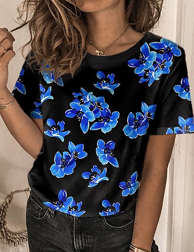 cheap Women&#039;s Tops-Women&#039;s Casual Holiday Weekend T shirt Tee Floral Painting Short Sleeve Floral Round Neck Print Basic Tops Green Blue Purple S / 3D Print
