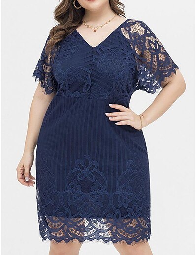 cheap Plus size-Women&#039;s Plus Size Solid Color A Line Dress Mesh V Neck Short Sleeve Basic Casual Sexy Spring Summer Daily Weekend Knee Length Dress Dress / Lace