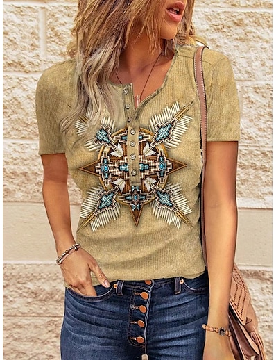 cheap Women&#039;s Tops-Women&#039;s Henley Shirt T shirt Bohemian Theme Geometric Painting Graphic Tribal Round Neck Patchwork Print Ethnic Vintage Sexy Tops Yellow / 3D Print
