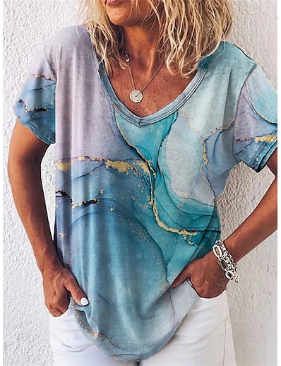 cheap Women&#039;s Tops-Women&#039;s T shirt Color Gradient V Neck Patchwork Print Basic Tops Blue / 3D Print