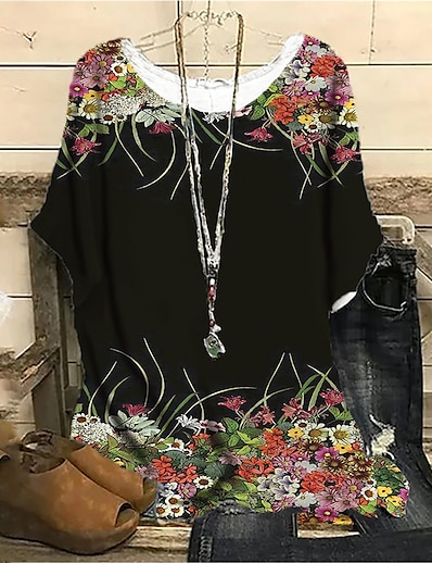 cheap Women&#039;s Tops-Women&#039;s Plus Size Floral Shift Dress Print Round Neck Half Sleeve Casual Spring Summer Causal Daily Short Mini Dress Dress