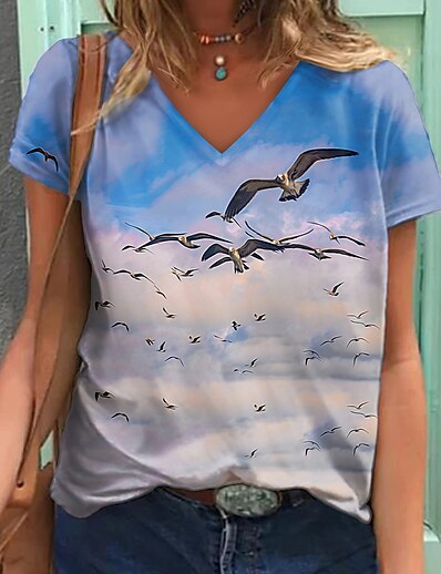 cheap Women&#039;s Tops-Women&#039;s T shirt Painting Graphic Bird V Neck Print Basic Holiday Hawaiian Tops Blue / 3D Print