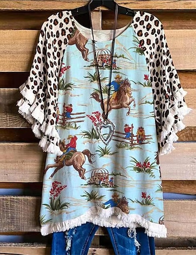 cheap Women&#039;s Tops-Women&#039;s Plus Size Tops T shirt Floral Leopard Short Sleeve Tassel Print Streetwear Crewneck Cotton Daily Vacation Spring Summer Blue