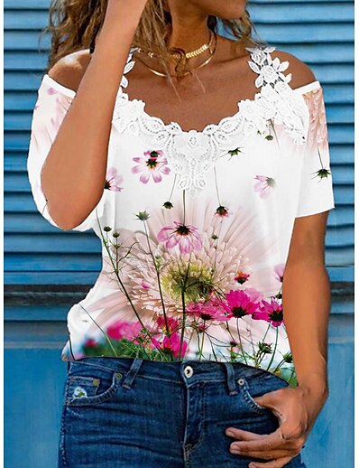 cheap Women&#039;s Tops-Women&#039;s T shirt Tee Floral Flower Off Shoulder Cold Shoulder Print Basic Tops Purple / 3D Print