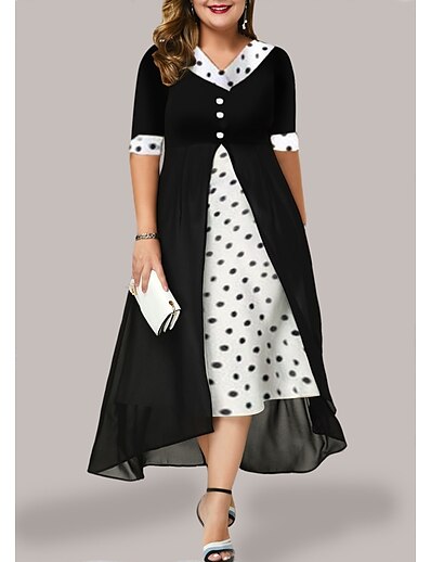 cheap Plus size-Women&#039;s Plus Size Polka Dot A Line Dress Ruched V Neck Half Sleeve Casual Sexy Spring Summer Daily Holiday Midi Dress Dress / Skinny