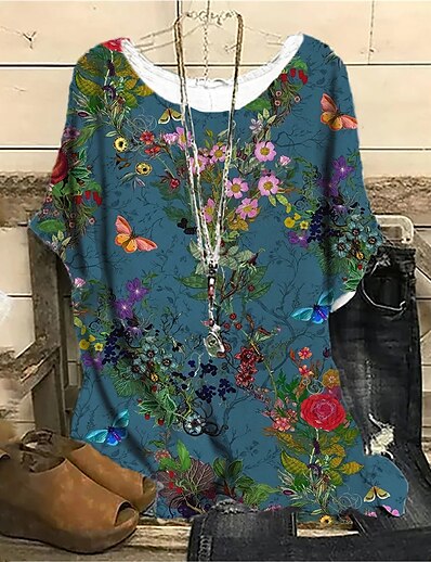 cheap Women&#039;s Tops-Women&#039;s Plus Size Floral Shift Dress Print Round Neck Half Sleeve Casual Spring Summer Causal Daily Short Mini Dress Dress / Butterfly