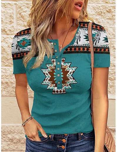 cheap Women&#039;s Tops-Women&#039;s Henley Shirt T shirt Bohemian Theme Geometric Painting Striped Plaid Tribal Round Neck Patchwork Print Ethnic Vintage Sexy Tops Green / 3D Print