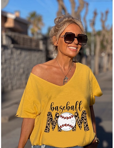 cheap Women&#039;s Tops-Women&#039;s T shirt Painting Leopard Text Baseball V Neck Print Basic Tops Green White Black