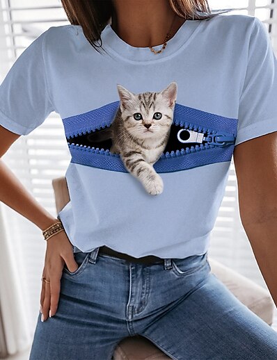 お買い得  レディーストップス-女性用 カジュアル 週末 Tシャツ 3D猫 ペインティング 半袖 猫 3D ラウンドネック プリント ベーシック トップの グリーン ホワイト ブルー S / 3Dプリント