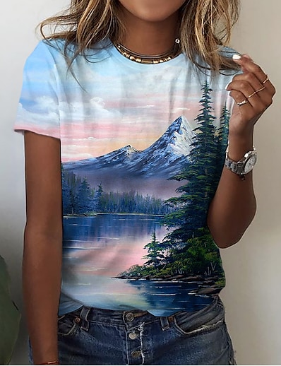 cheap Women&#039;s Tops-Women&#039;s Casual Holiday Going out T shirt Tee Floral Painting Short Sleeve Graphic 3D Round Neck Print Basic Holiday Hawaiian Tops Blue S / 3D Print