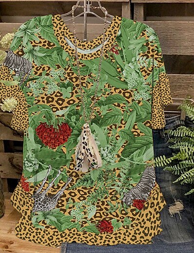 お買い得  レディーストップス-女性用 カジュアル 週末 Tシャツ ペインティング 半袖 フラワー レオパード ラウンドネック ラッフル プリント ベーシック トップの グリーン ピンク フクシャ S / 3Dプリント