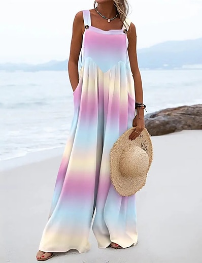 hesapli Kadın Giyim-Kadın&#039;s Tulum Tulum Desen Günlük Çok Renkli Kolsuz Kare Yaz Normal Kalıp 1 Model 2 Beyaz Havuz YAKUT