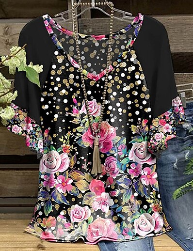 cheap Women&#039;s Tops-Women&#039;s Plus Size Tops Blouse Shirt Floral Polka Dot Short Sleeve Ruffle Print Streetwear V Neck Polyester Daily Going out Spring Summer Black Pink