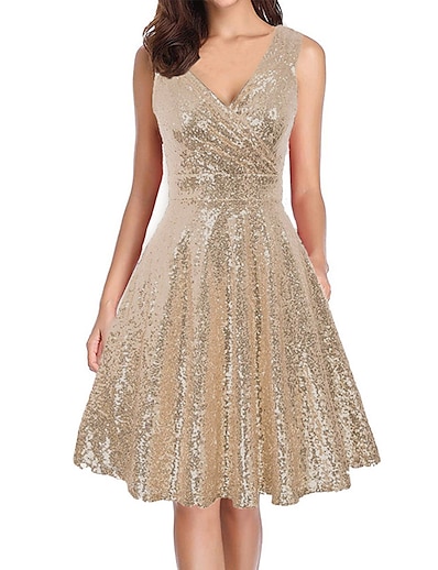 cheap Dresses-Women&#039;s Knee Length Dress A Line Dress Gold Sleeveless Sequins Solid Color V Neck Spring Summer Party Elegant Vintage Sexy 2022 S M L XL XXL / Party Dress