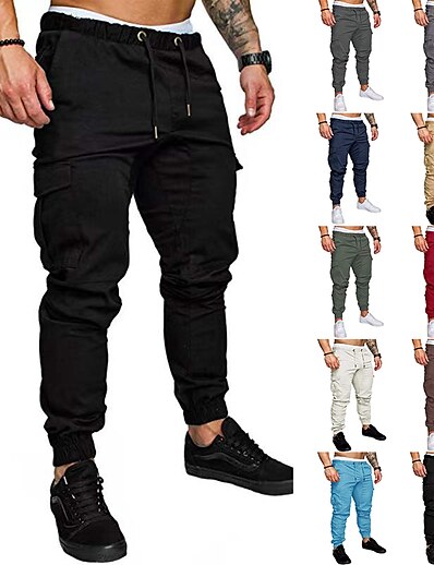 cheap Men&#039;s Bottoms-Men&#039;s Casual Streetwear Drawstring Jogger Tactical Cargo Trousers Full Length Pants Micro-elastic Cotton Blend Solid Colored Breathable Loose White Black Blue Wine Army Green S M L XL XXL