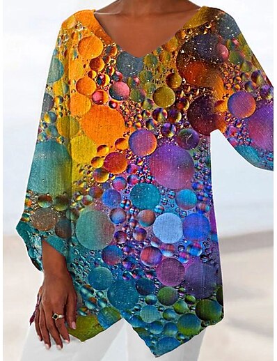 cheap Women&#039;s Tops-Women&#039;s Holiday Weekend Shirt Long Sleeve Polka Dot V Neck Asymmetric Print Casual Beach Tops Rainbow S / 3D Print