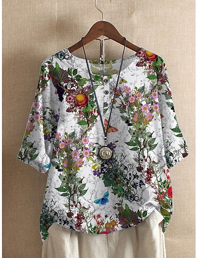cheap Women&#039;s Tops-Women&#039;s Daily T shirt Tee Floral Half Sleeve Floral Butterfly Round Neck Print Basic Tops Green White S / 3D Print