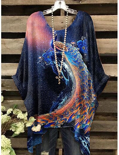 cheap Women&#039;s Tops-Women&#039;s Holiday Beach T shirt Tee Shirt 3/4 Length Sleeve Animal Round Neck Asymmetric Print Casual Beach Tops Navy Blue S / 3D Print
