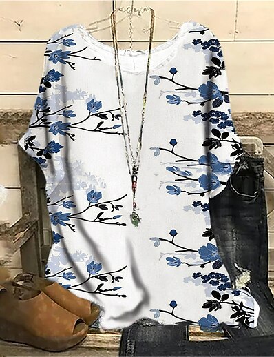 cheap Women&#039;s Tops-Women&#039;s Plus Size Tops Blouse Shirt Floral Short Sleeve Print Streetwear Crewneck Cotton Spandex Jersey Daily Going out Spring Summer Blue