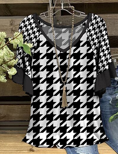 cheap Women&#039;s Tops-Women&#039;s Plus Size Tops Blouse Shirt Striped Houndstooth Half Sleeve Ruffle Print Streetwear V Neck Polyester Daily Going out Spring Summer Black And White White / Graphic Patterned