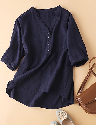 cheap Women&#039;s Tops-Women&#039;s Casual Weekend Blouse Shirt Half Sleeve Plain V Neck Pocket Button Streetwear Tops Black Pink Light Blue M