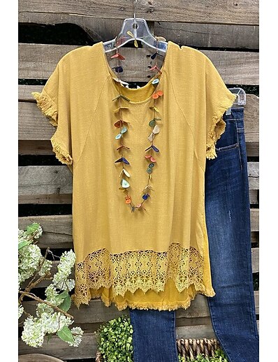 cheap Women&#039;s Tops-Women&#039;s Casual Weekend T shirt Tee Short Sleeve Plain Round Neck Lace Basic Tops Yellow S