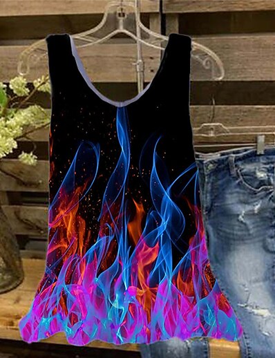 cheap Women&#039;s Tops-Women&#039;s Plus Size Tops Tank Top Color Gradient Flame Sleeveless Print Streetwear V Neck Cotton Spandex Jersey Daily Holiday Spring Summer Black Blue