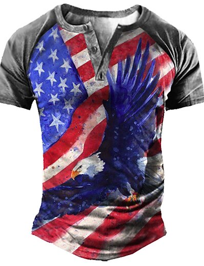 cheap Men&#039;s Tops-Men&#039;s Henley Shirt Tee T shirt Tee Graphic Patterned Color Block National Flag 3D Print Henley Plus Size Daily Sports Short Sleeve Patchwork Button-Down Tops Designer Basic Casual Classic Red