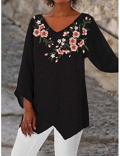 cheap Women&#039;s Tops-Women&#039;s Holiday Weekend Shirt Floral Long Sleeve Floral V Neck Asymmetric Print Casual Beach Tops Black S / 3D Print