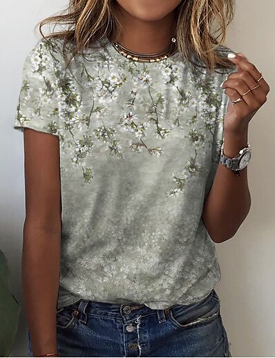 cheap Women&#039;s Tops-Women&#039;s Casual Holiday Weekend T shirt Tee Floral Painting Short Sleeve Floral Round Neck Print Basic Tops Green Purple Light Green S / 3D Print