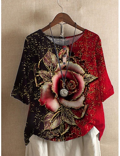 cheap Women&#039;s Tops-Women&#039;s Daily T shirt Tee Floral Half Sleeve Flower Round Neck Print Basic Tops Red S / 3D Print