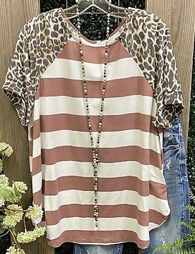 cheap Women&#039;s Tops-Women&#039;s Casual Weekend T shirt Tee Painting Short Sleeve Striped Leopard Round Neck Print Basic Tops Pink S / 3D Print