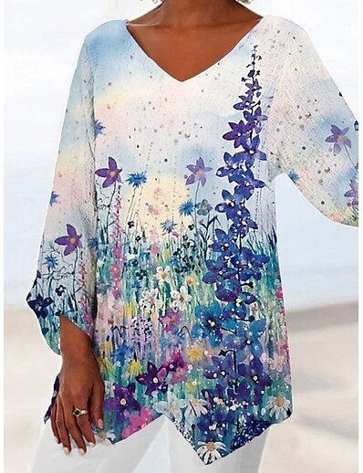 cheap Women&#039;s Tops-Women&#039;s Holiday Weekend Shirt Floral Long Sleeve Floral V Neck Asymmetric Print Casual Beach Tops Blue S / 3D Print