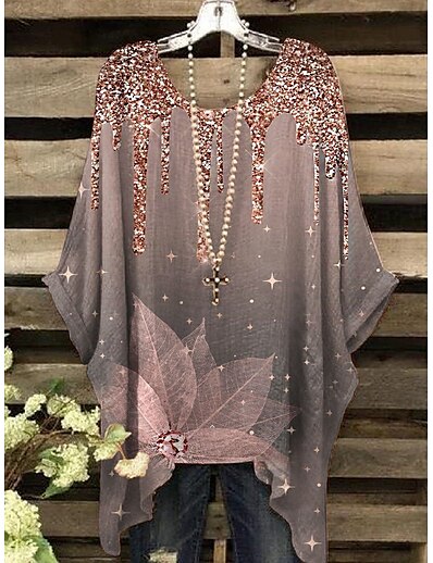 cheap Women&#039;s Tops-Women&#039;s Holiday Beach T shirt Tee Shirt Floral 3/4 Length Sleeve Leaves Round Neck Asymmetric Print Casual Beach Tops Gray S / 3D Print