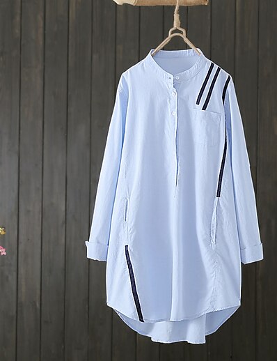 cheap Women&#039;s Tops-Women&#039;s Plus Size Tops Blouse Shirt Striped Long Sleeve Asymmetric Button Streetwear Standing Collar Cotton Daily Weekend Spring Summer White Blue