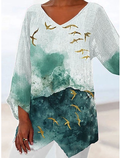 cheap Women&#039;s Tops-Women&#039;s Holiday Weekend Shirt Long Sleeve Tie Dye Bird V Neck Asymmetric Print Casual Beach Tops Green S / 3D Print