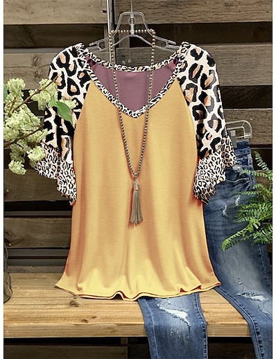 cheap Best Selling Tops-Women&#039;s Home Casual Daily T shirt Tee Short Sleeve Leopard V Neck Print Vintage Tops Yellow Light Brown Khaki S