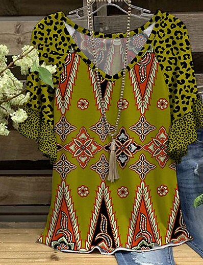 cheap Women&#039;s Tops-Women&#039;s Plus Size Tops Blouse Shirt Floral Leopard Half Sleeve Print Vintage Streetwear V Neck Polyester Daily Going out Spring Summer Green Blue