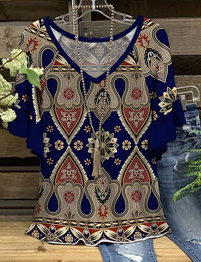 cheap Women&#039;s Tops-Women&#039;s Plus Size Tops Blouse Shirt Floral Plaid Half Sleeve Print Vintage Streetwear V Neck Polyester Daily Going out Spring Summer Black Blue