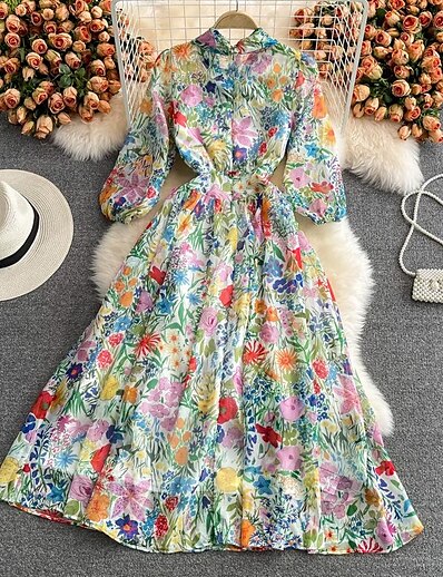 levne Neformální šaty-celebrity temperament velká švih dlouhá sukně jaro a podzim nové ženské retro tisk super víla luk květinové šifonové šaty