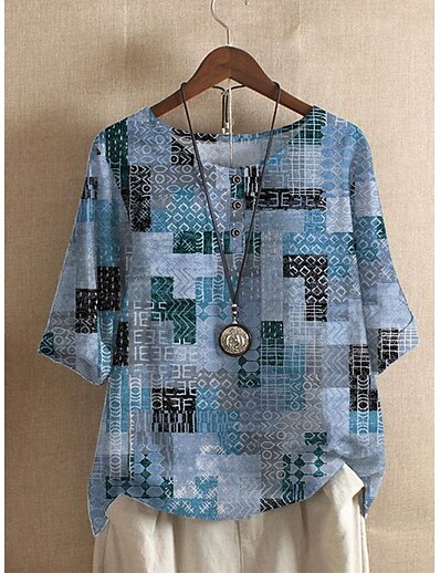 cheap Women&#039;s Tops-Women&#039;s Daily T shirt Tee Geometric Half Sleeve Plaid Round Neck Print Basic Tops Blue Khaki S / 3D Print